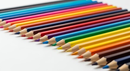 Set of sharpened colored pencils arranged in perfect order from cool to warm tones, placed on white surface for a clean, artistic, and vibrant stationery layout.