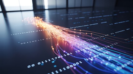 Glowing digital data streams with binary code abstract technology