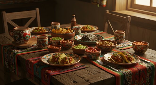 Festive Mexican Fiesta: Authentic Tacos and Traditional Cuisine on a Rustic Table