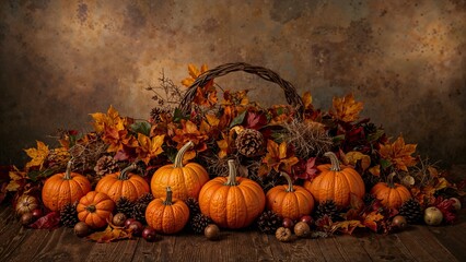 Thanksgiving Pumpkins with Autumn Leaves background