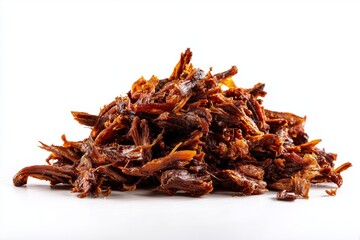 Obraz premium Delicious varenga shredded beef roasted until crispy served with fluffy rice on a clean white background showcasing a flavorful dish