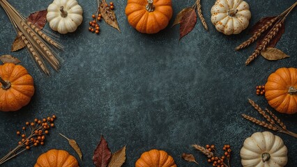 Thanksgiving Pumpkins with Autumn Leaves and Berries background