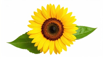 Radiant Yellow Sunflower Blossom with Vibrant Green Leaves on White Backdrop