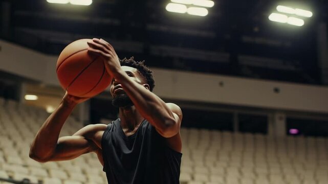 Professional basketball player sinking free throws with intense concentration, perfecting shooting technique in empty arena while displaying athletic skill and performance dedication