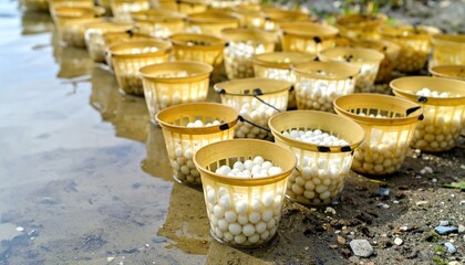 Rows of Baskets Filled with White Spheres Near Water, a Study in Texture