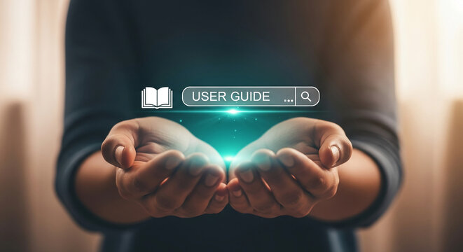 Two hands gently hold a glowing user guide search bar, symbolizing accessibility and support, offering digital assistance and information readily available