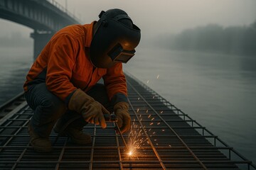 A construction worker welds steel rebar on a partially built bridge over a calm river, with light mist rising and soft morning light.