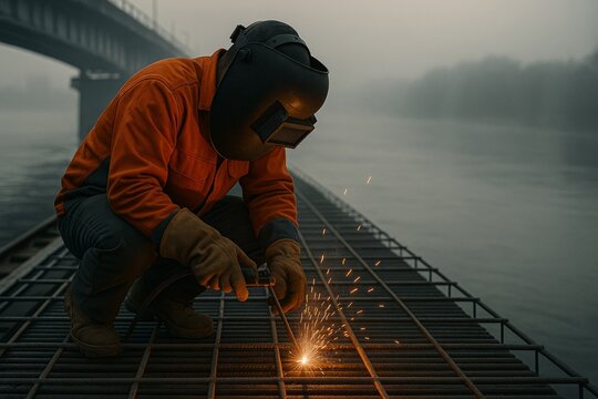A construction worker welds steel rebar on a partially built bridge over a calm river, with light mist rising and soft morning light.
