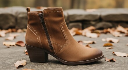 Elegant brown ankle boot with side zipper and heel on an autumn background