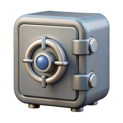 A small, gray metal safe with a blue target in the center, isolated on transparent background
