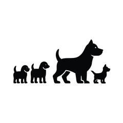Dog Family Silhouette Puppies and Adult Dog in Black and White