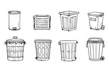 set of different type of 8 pcs Trash can line art and black color 