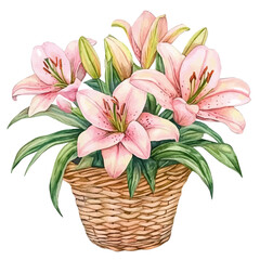 watercolor of A Lily Flower Basket, vector, isolated on a white background.