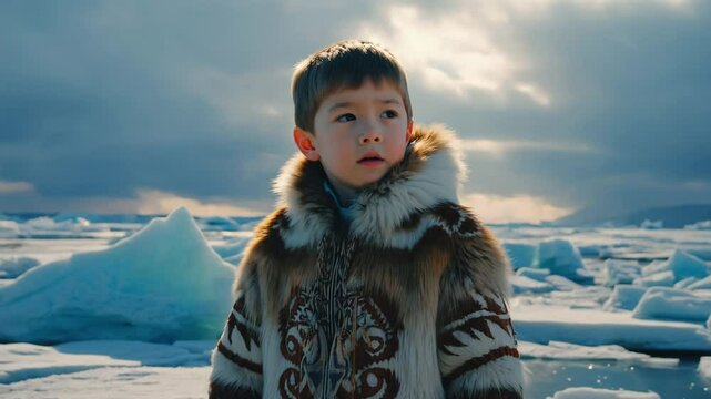 A young Inuit boy dressed in a traditional fur parka with intricate patterns stands in a vast snowy landscape, framed by an icy terrain stretching beneath a cloudy, moody sky.
