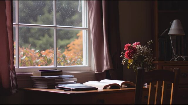 Cozy Study Desk with Flowers and Books by a Window in a Sunlit Room During Autumn