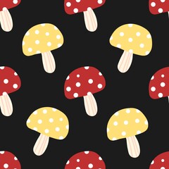 Colorful red and yellow mushrooms with white dots on black background. Fun and quirky pattern perfect for fabric, kids design, and woodland themes.