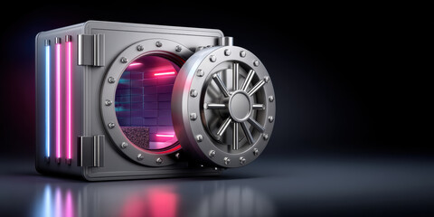 Metal safe box open vault door security container neon light inside metallic safe bank vault secure storage financial security safe deposit box