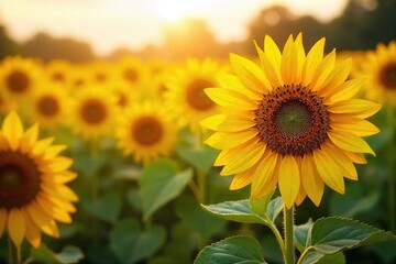 Obraz premium A vibrant field of sunflowers in full bloom, bathed in golden sunlight, signifying the anticipation and excitement of a bountiful harvest season , bounty, anticipation, buds