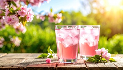 Refreshing pink lemonade with ice on a rustic wooden table under blossom tree