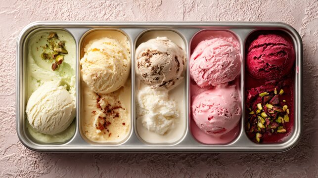 Flat lay of modern ice cream sampler tray, clean background with subtle texture