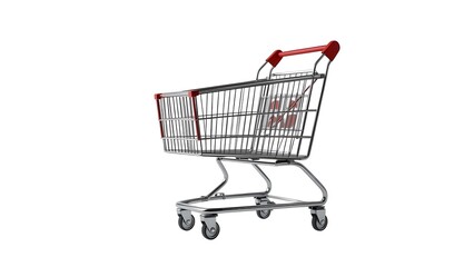 Isolated shopping cart supermarket trolley retail store chrome metal wheels red handle consumerism 100 on transparent background