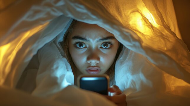 A teenager lies in bed staring at a smartphone, isolated in digital routine, disconnected from the world around them