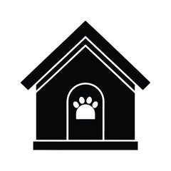 Black and White Dog House Silhouette with Paw Print Icon