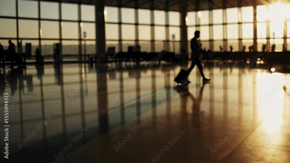 Poster warm sunlight illuminates the airport terminal as a businessman walks with his rolling suitcase, cre