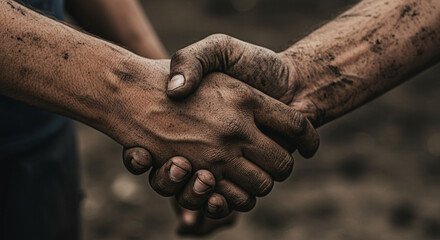 Close-Up of Muddy Hands Shaking in Agreement