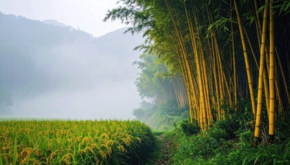 Scenic Asian Landscape with Bamboo Grove and Rice Field in Misty Morning