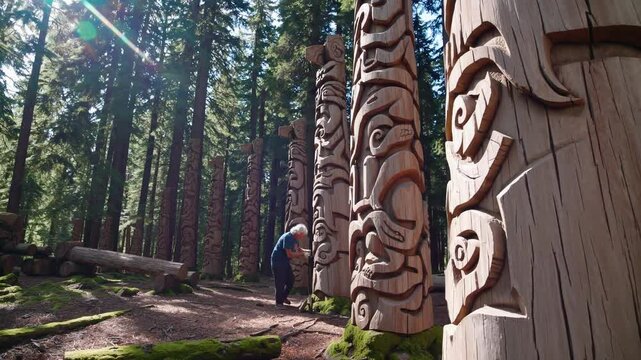 Craftsman carves towering totem pole among tall pines, wood chips fly as totem spirit wakes, heritage shines through each totem groove. Concept cultural heritage.