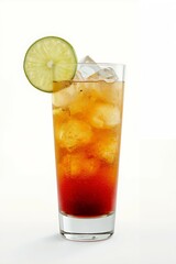 Tequila Sunrise with ice and lime slice in a highball glass.