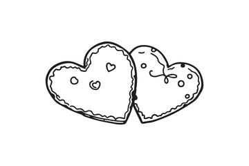 Two heart shaped Christmas gingerbreads line art and black color