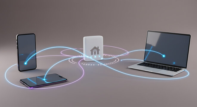 Laptop and mobile devices on a modern office desk connecting to the internet for business and technology work for seamless global communication