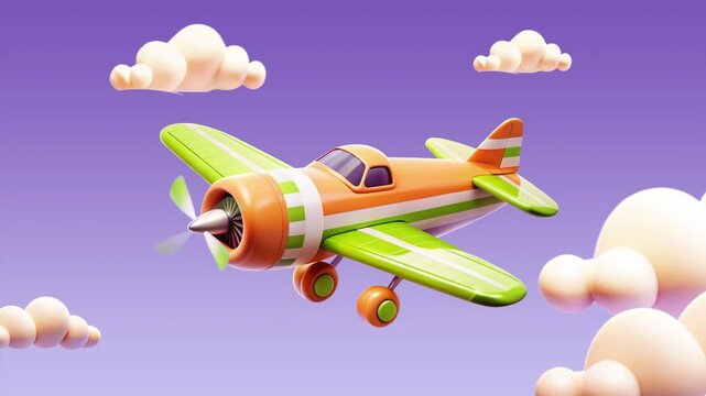 Cute 3D Cartoon Toy Airplane Vector Illustration with Colorful Sky and Clouds