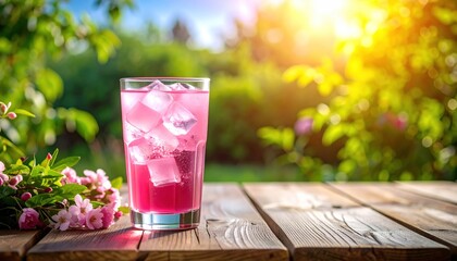 Refreshing Pink Soda with Ice Cubes on Rustic Wooden Table in Sunny Garden