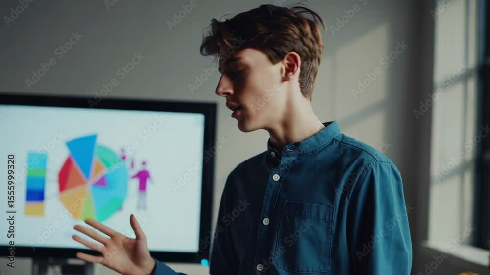 Aufkleber Professional instructor analyzing data through colorful pie chart, demonstrating statistical insights while interacting with attentive student group during learning session