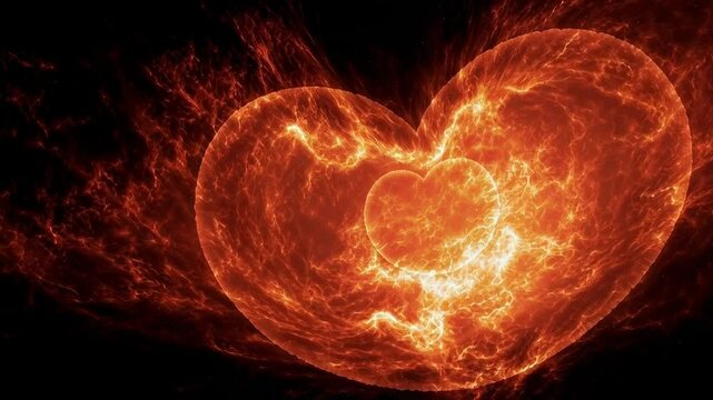 In the total blackness of an empty void, a heart-shaped inferno rages. It is not a gentle flame but a swirling, violent vortex of fire and smoke.