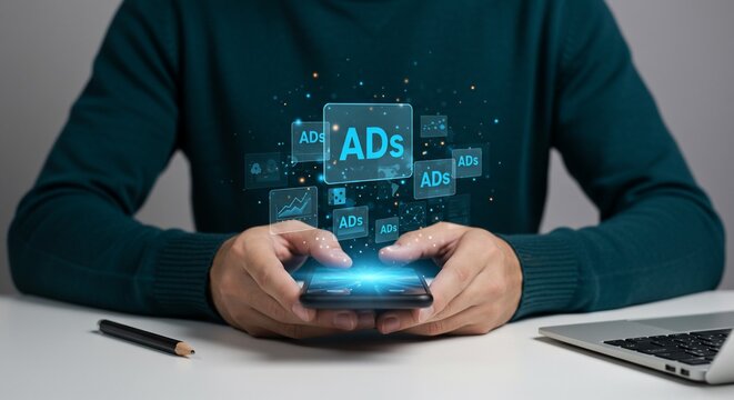 Person Interacting with Digital Ads on Smartphone, Futuristic Marketing Concept - Powered by Adobe