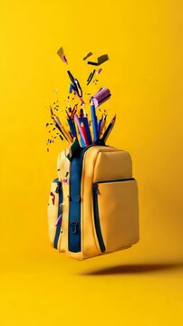 Yellow backpack floating amid a burst of colorful school supplies like pencils, pens, and erasers against a vibrant yellow backdrop, creating an exciting back to school scene