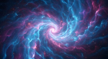 A vibrant spiral nebula with pink and blue gas clouds and stars