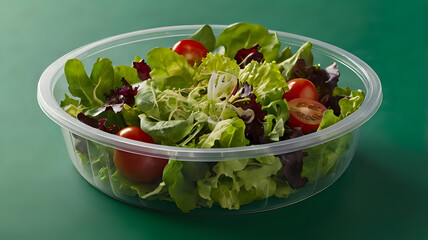 Top View of Crisp Salad with Cherry Tomatoes, Red Onion Rings, and White Onion in a Clear Round Container
