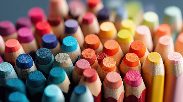 Closeup of colorful wooden pencils arranged in a group with sharp tips representing creativity education school art design drawing and supplies