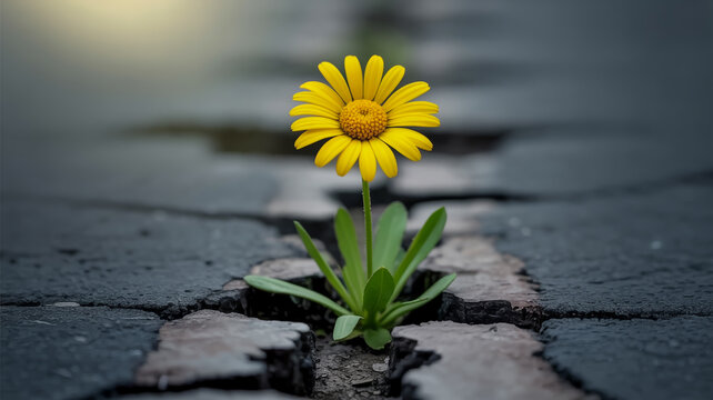 A macro photograph of a vibrant yellow daisy flower growing from a crack in dark asphalt pavement. - Powered by Adobe