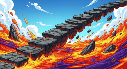 A fantastical illustration of a dangerous pathway of floating stone steps over a fiery river of molten lava.