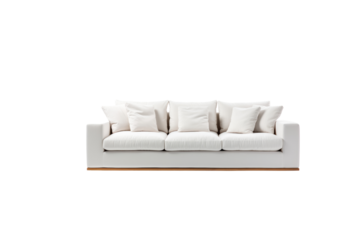 Modern white sofa with three cushions, isolated on a transparent background. background removed
