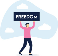  Guy holding freedom banner. Man protesting for human rights isolated on white background


