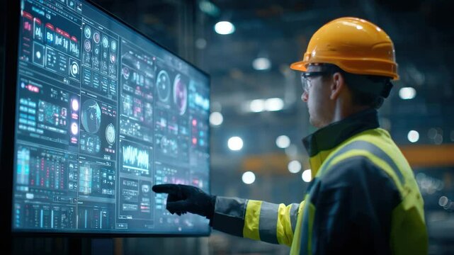 A worker in a protective helmet and gloves interacts with a large touchscreen display, reviewing detailed data analytics in a modern manufacturing environment
