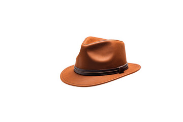 Brown leather fedora hat with a dark brown band, stylish and elegant. background removed