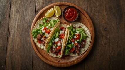 Taco on wood Plate with Seasoned Meat and Fresh Toppings 